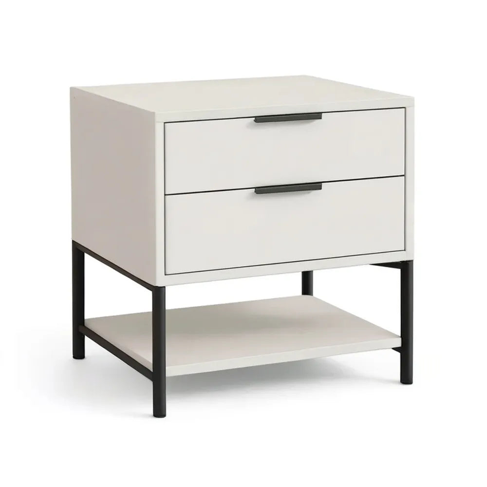 Szafka nocna, Stół do spania 2 szuflady 60 x 40 x 60 cm biały z MDF struktury i czarne nogi stalowe