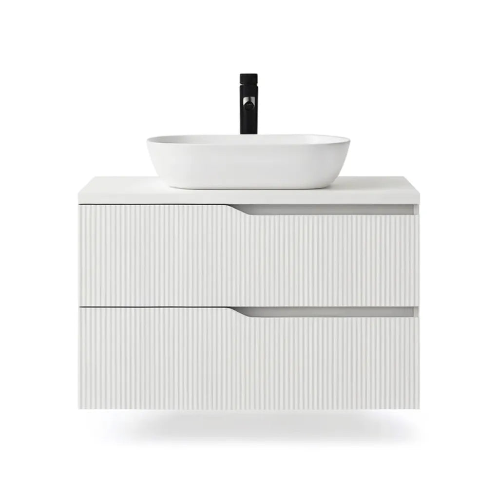 Szafka pod umywalkę, Zestaw białych szuflady z płyty MDF 2 80 x 46 x 55 cm wieszająca szafka na basen z owalnym ceramicznym zlewem i czarnym kranem