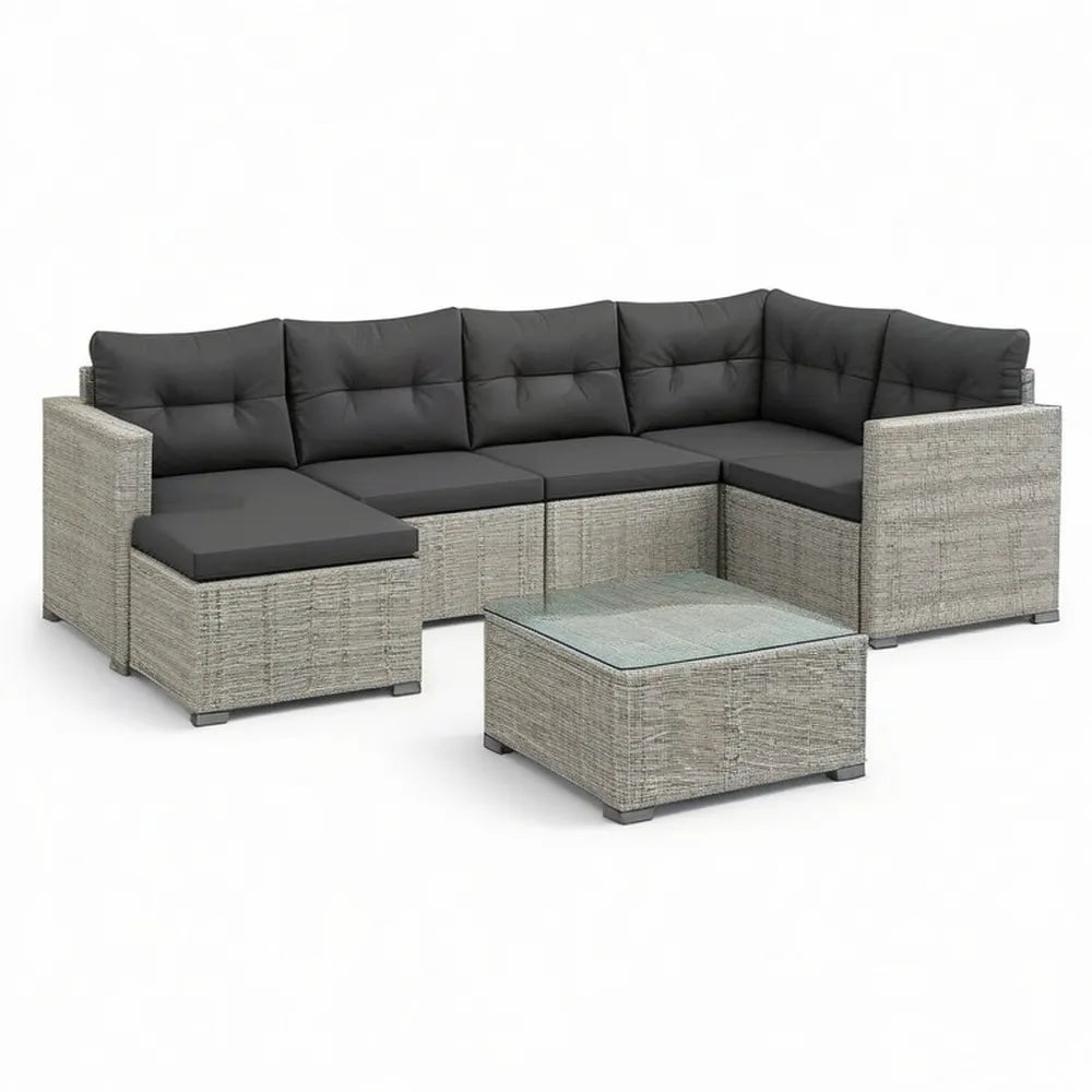 Sofa ogrodowa, Ogród salon zestaw narożna sofa z tabeli 300 x 220 cm szary / ciemny szary z warkoczem polirattan z poduszką