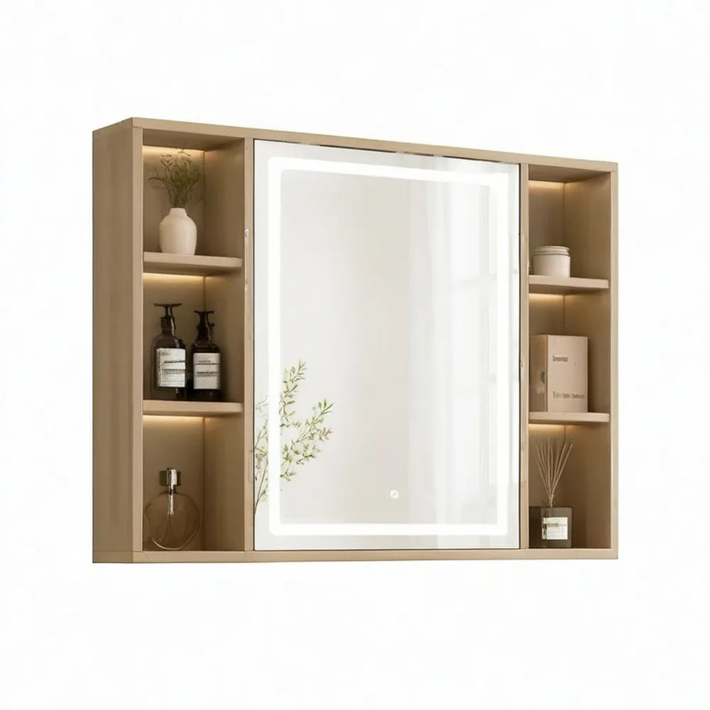 Szafka lustrzana do łazienki 120 x 15 x 70 cm beż z oświetleniem LED i półkami bocznymi