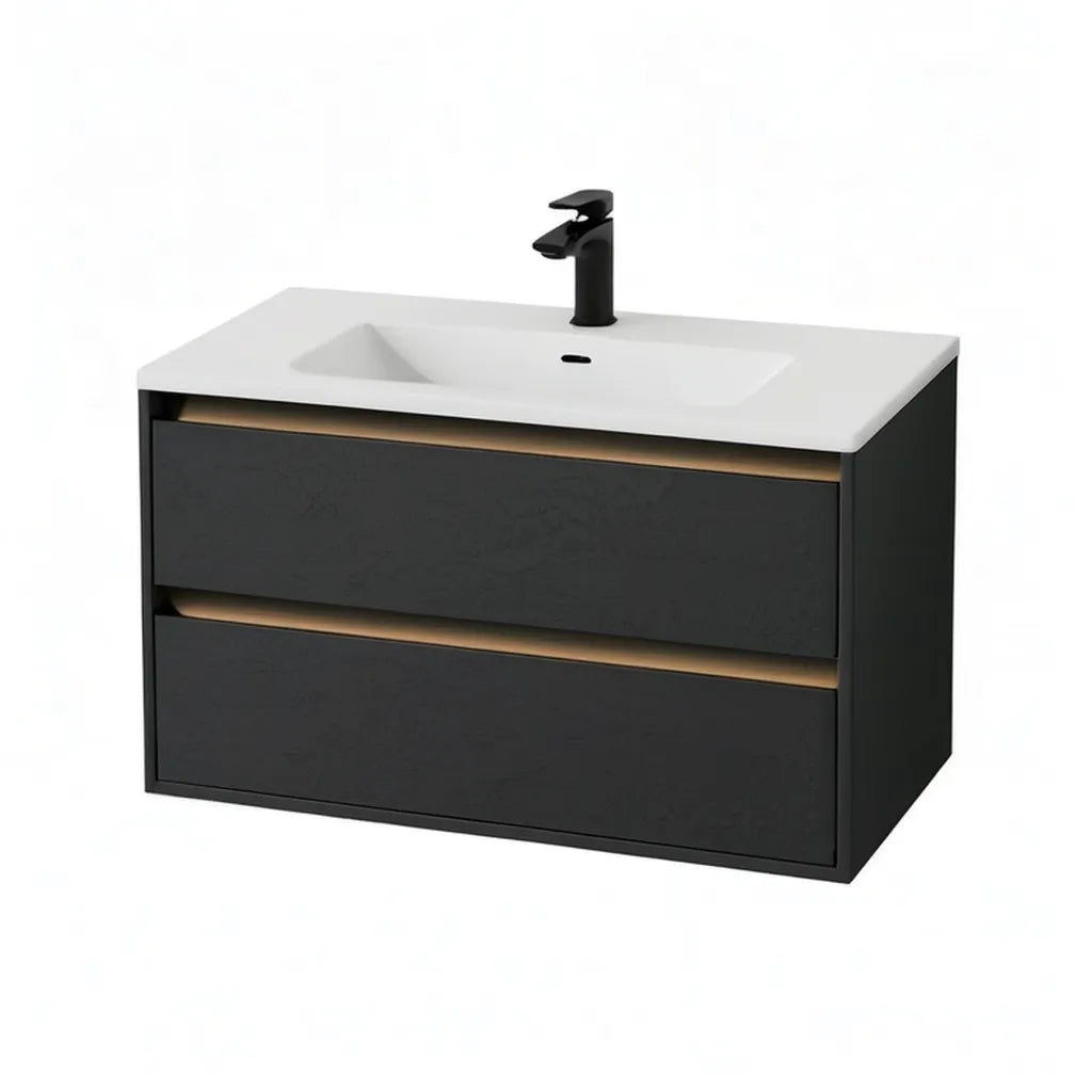 Szafka pod umywalkę, Czarna szafka na wiszące MDF pod dorzeczem 80 x 46 x 50 cm z prostokątną białą ceramiczną domenadą
