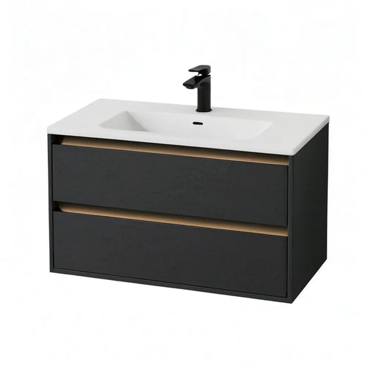 Szafka pod umywalkę, Czarna szafka na wiszące MDF pod dorzeczem 80 x 46 x 50 cm z prostokątną białą ceramiczną domenadą