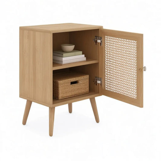Szafka nocna, Boczna tablica z drzwiami rattanowymi 40 x 35 x 65 cm w MDF z naturalnym, prostokątnym dębem