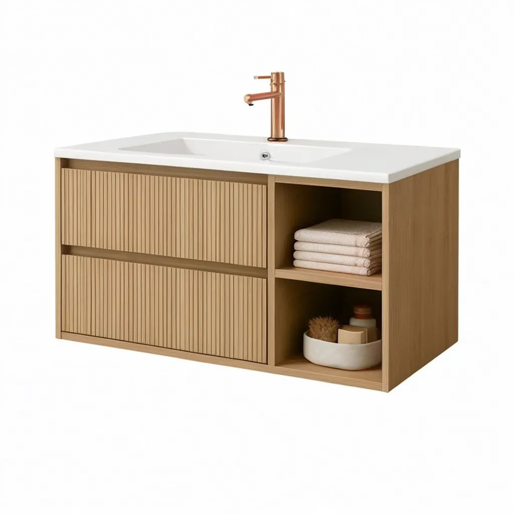 Szafka pod umywalkę, Zlewozmywak zawieszony 100 x 46 x 55 cm w dębie naturalnym MDF z białym prostokątnym zlewem i 2 szufladami