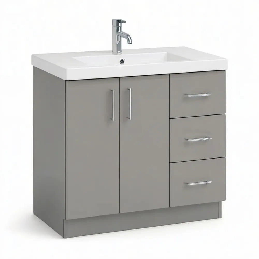 Szafka pod umywalkę, Szafa na szafkę 80 x 45 x 85 cm szara z ceramicznym zlewem i 3 szufladami