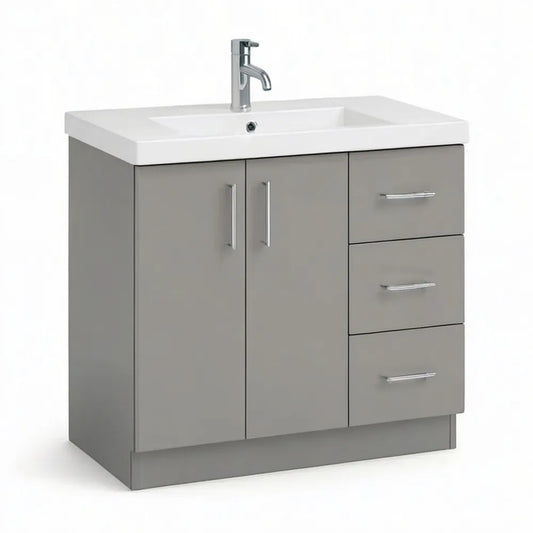 Szafka pod umywalkę, Szafa na szafkę 80 x 45 x 85 cm szara z ceramicznym zlewem i 3 szufladami