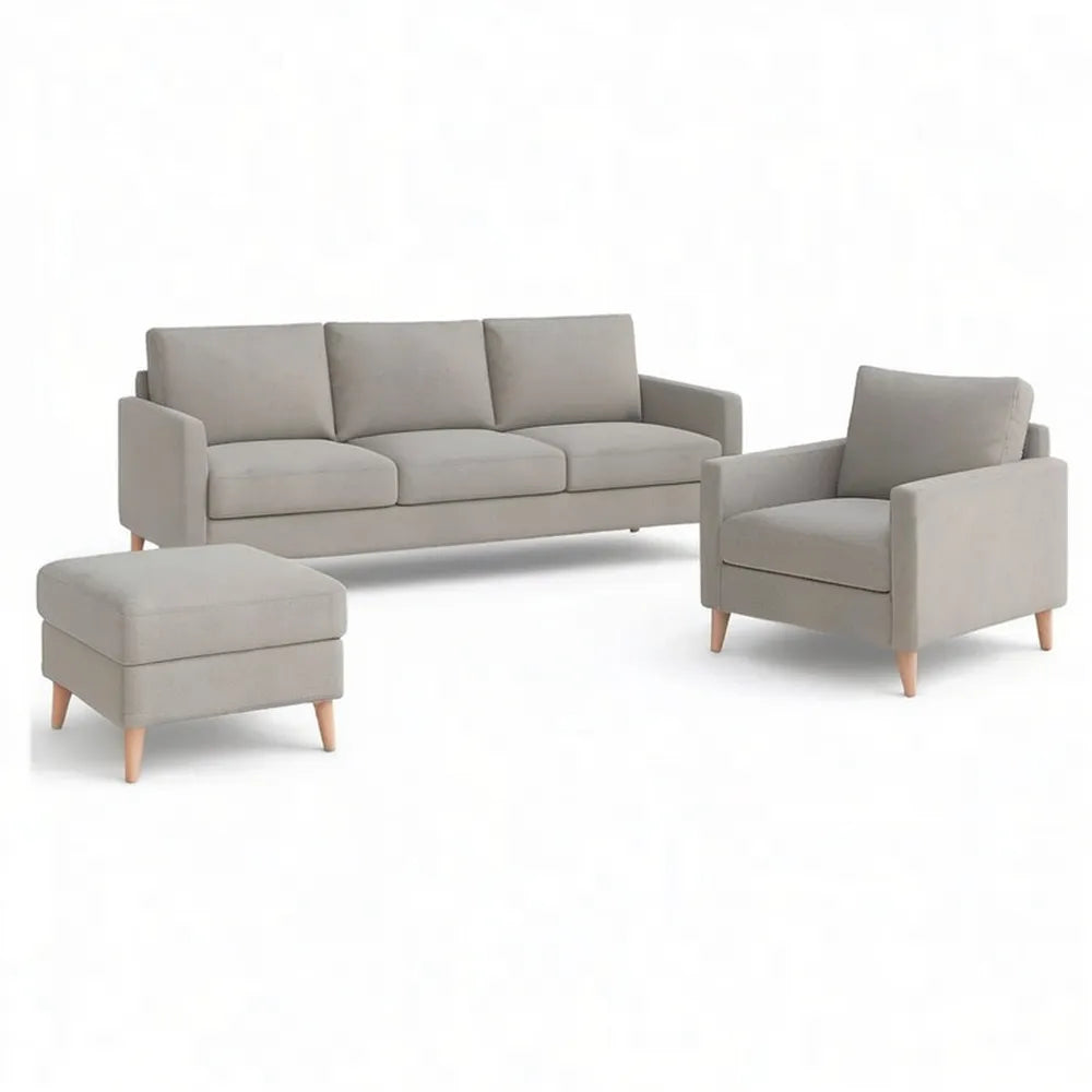 Sofa, Zestaw sofa 3 kanapa fotelik z fotel i stołek poliester pokrywy drewniane nóżki szary 260 x 85 x 90 cm