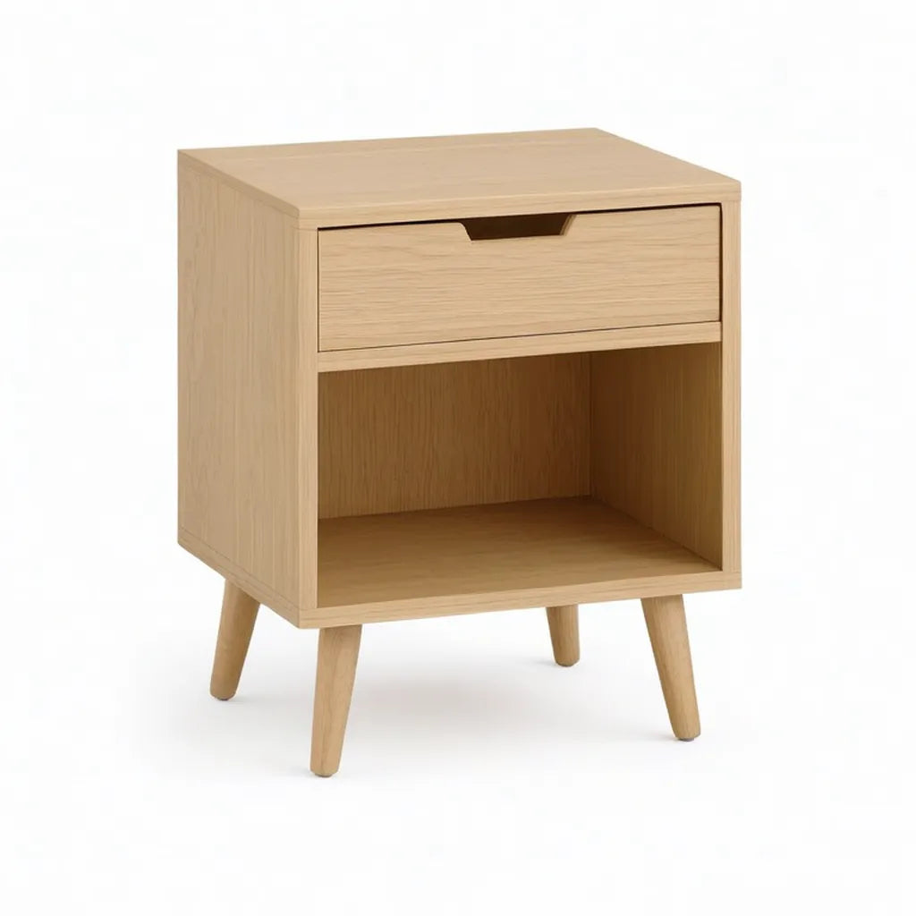 Szafka nocna, Prostokątny stół nocny 40 x 35 x 60 cm w MDF pokryty efekt melaminy naturalny dąb z szufladą i otwartym przedziałem
