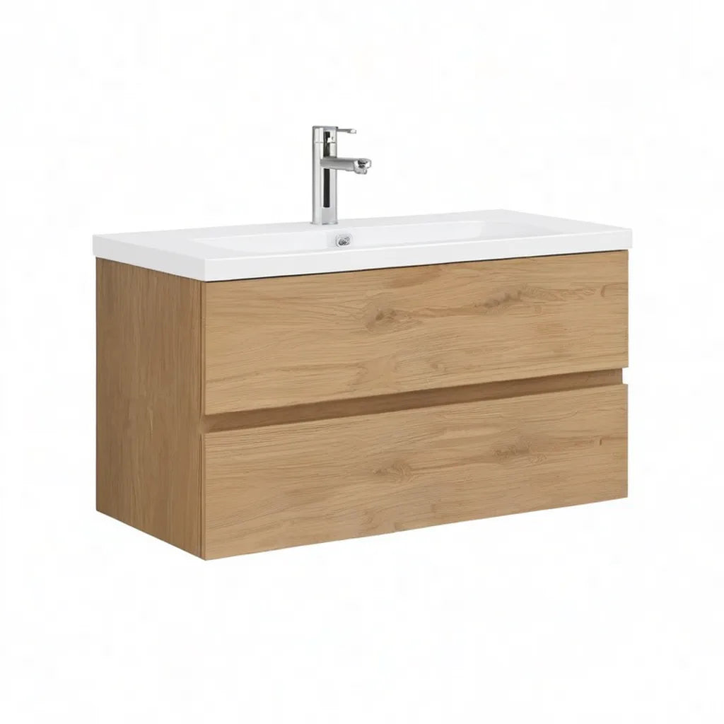 Szafka pod umywalkę, Zawieszony szafka łazienkowa z ceramicznym zlewem 80 x 46 x 56 cm w naturalnym prostokątnym panelu dębowym