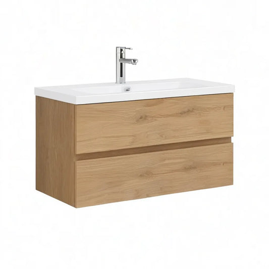 Szafka pod umywalkę, Zawieszony szafka łazienkowa z ceramicznym zlewem 80 x 46 x 56 cm w naturalnym prostokątnym panelu dębowym