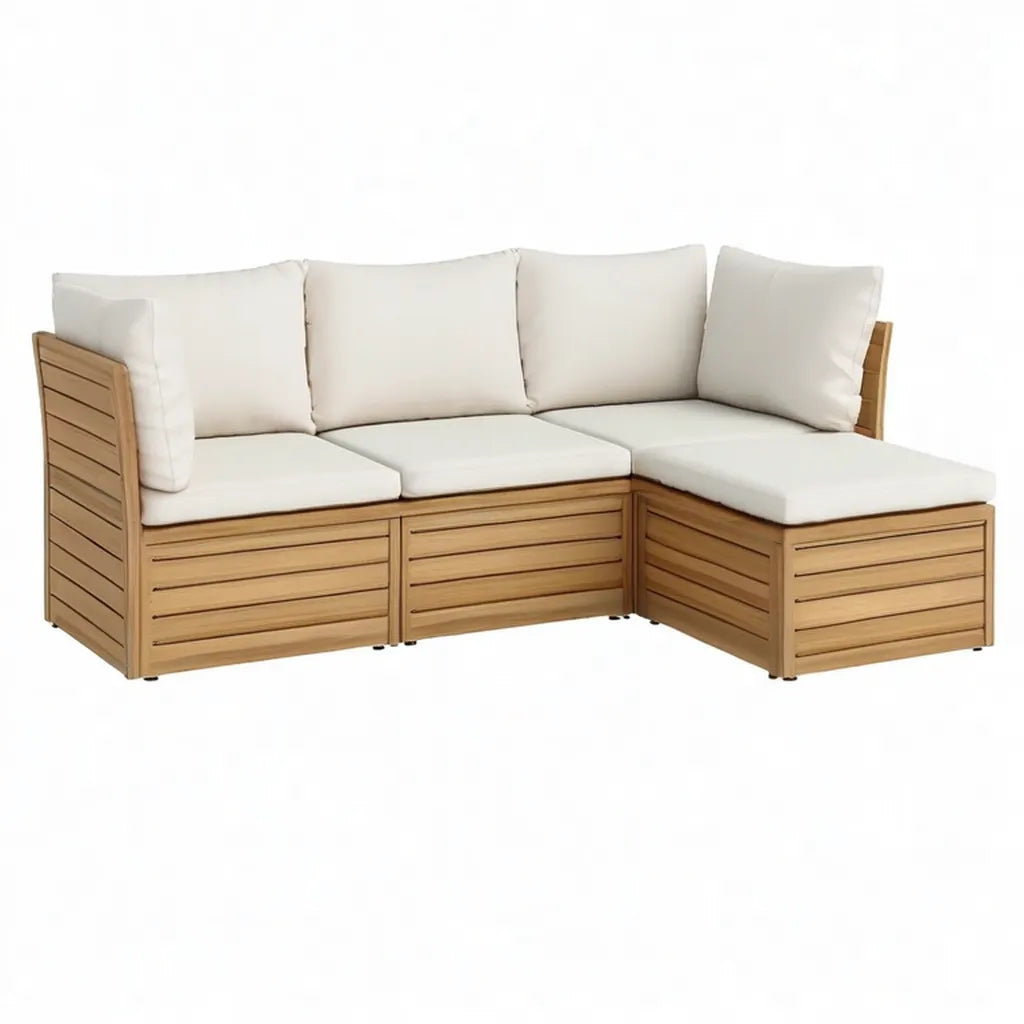 Sofa ogrodowa, Ogród salon narożna sofa 3- część w litej akacji drewna z poliestrowym kloszem w kształcie L Natur Beige 210 x 145 x 70 cm