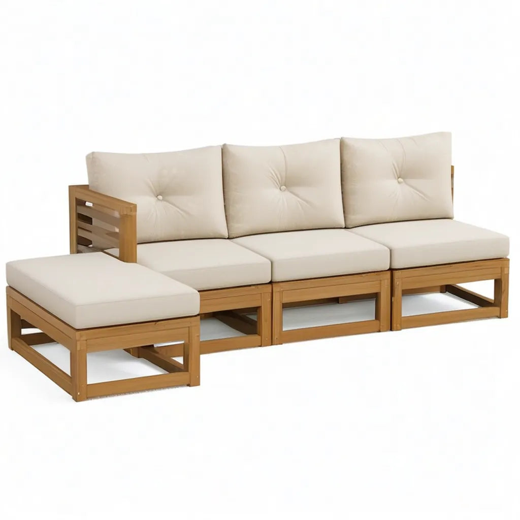 Sofa ogrodowa, Tapczan ogrodowy zestaw do siedzenia 4- części litego drewna acacia w kolorze kształt litery L kremu brązowy 315 x 120 x 65 cm